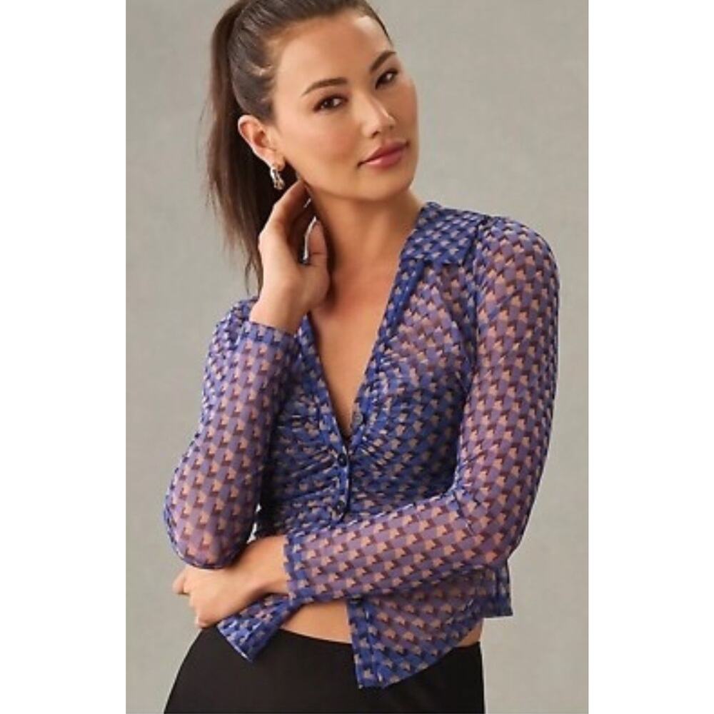 Maeve Anthropologie Blue Print Sheer Ruched Geometric Button Up Blouse Small